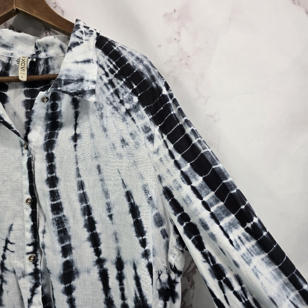 XCVI Shirt Womens Large Blue Tie Dye Linen Long Sleeve Tunic Crochet Boho - Picture 12 of 13